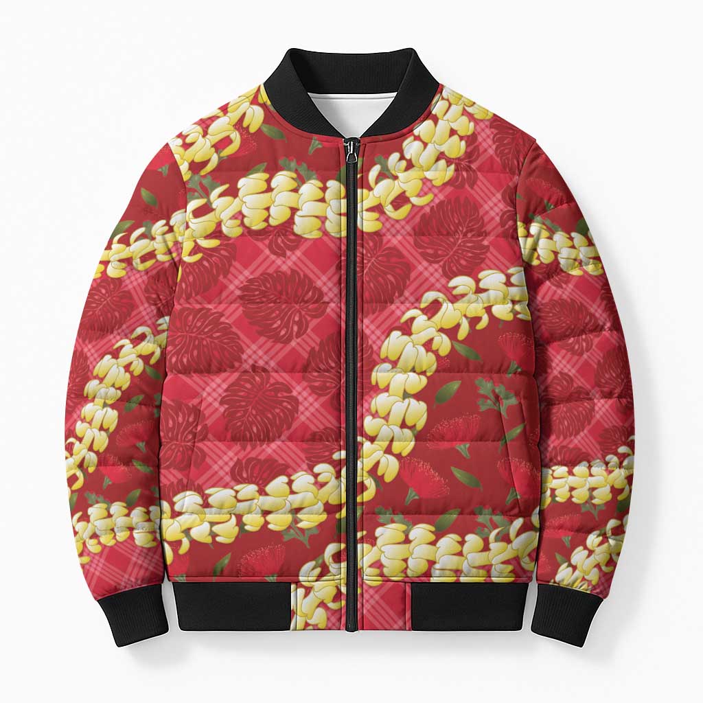 Red Palaka Hawaii Mele Kalikimaka Bomber Puffer Jacket Ohia Lehua Monstera Puakenikeni Lei - Polynesian Pride