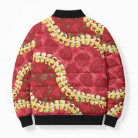 Red Palaka Hawaii Mele Kalikimaka Bomber Puffer Jacket Ohia Lehua Monstera Puakenikeni Lei - Polynesian Pride