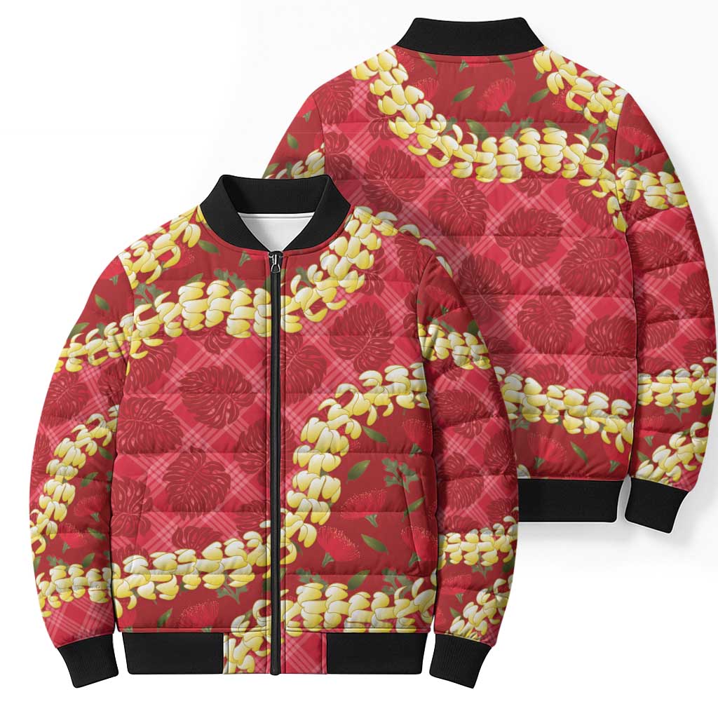 Red Palaka Hawaii Mele Kalikimaka Bomber Puffer Jacket Ohia Lehua Monstera Puakenikeni Lei - Polynesian Pride