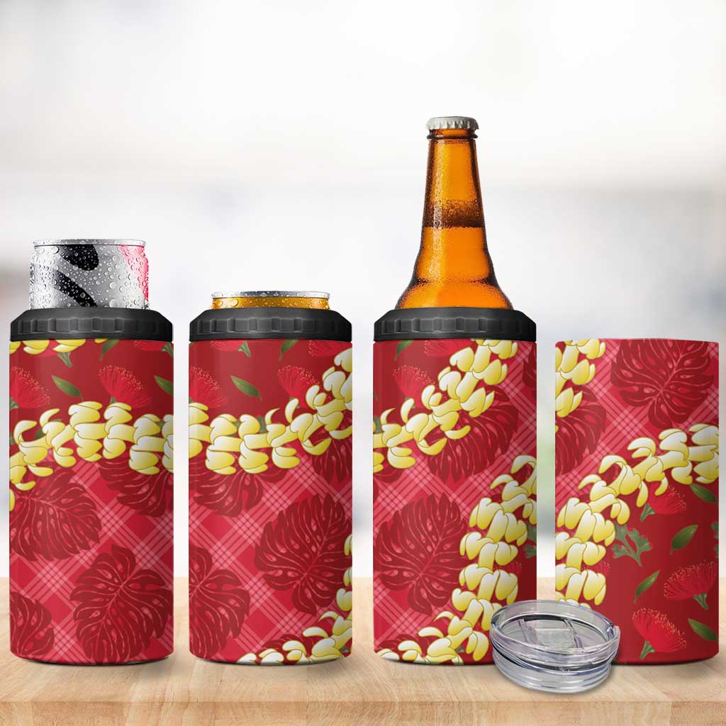 Red Palaka Hawaii Mele Kalikimaka 4 in 1 Can Cooler Tumbler Ohia Lehua Monstera Puakenikeni Lei - Polynesian Pride