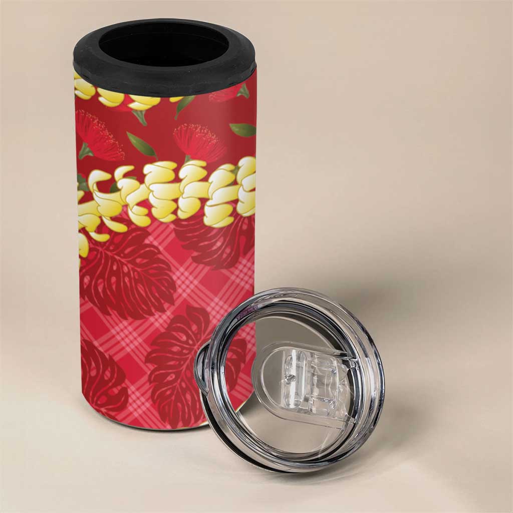 Red Palaka Hawaii Mele Kalikimaka 4 in 1 Can Cooler Tumbler Ohia Lehua Monstera Puakenikeni Lei - Polynesian Pride