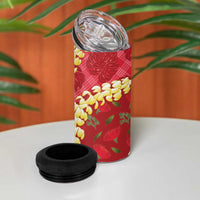 Red Palaka Hawaii Mele Kalikimaka 4 in 1 Can Cooler Tumbler Ohia Lehua Monstera Puakenikeni Lei - Polynesian Pride