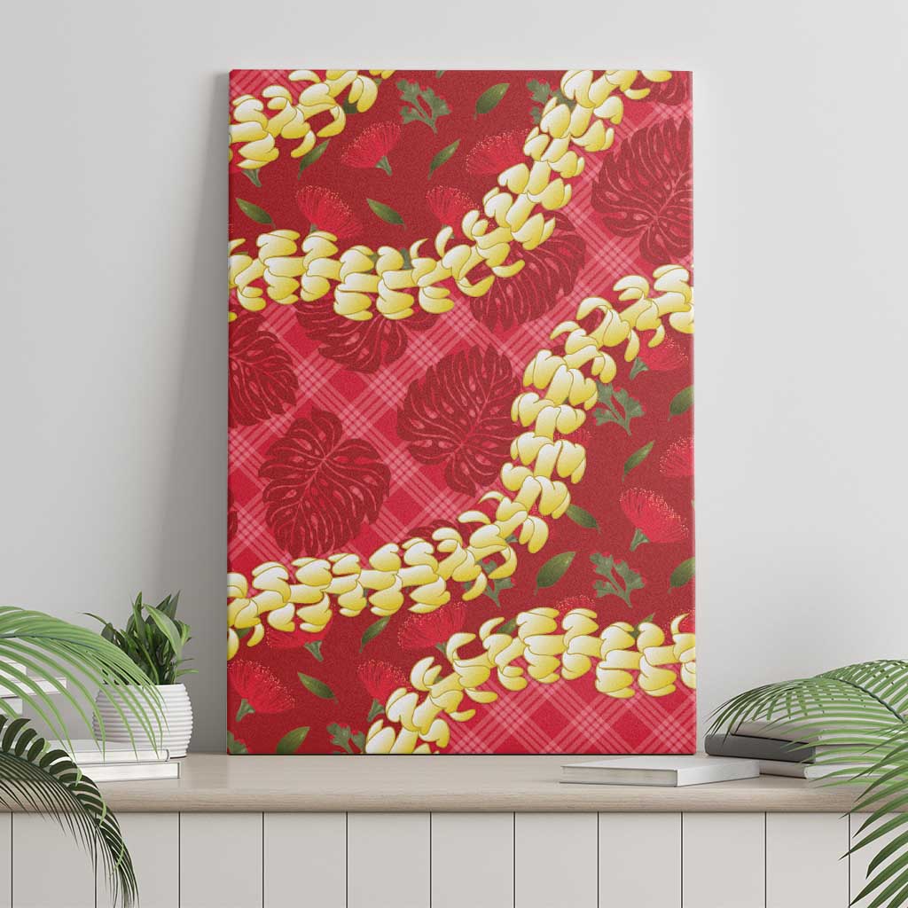 Red Palaka Hawaii Mele Kalikimaka Canvas Wall Art Ohia Lehua Monstera Puakenikeni Lei - Polynesian Pride
