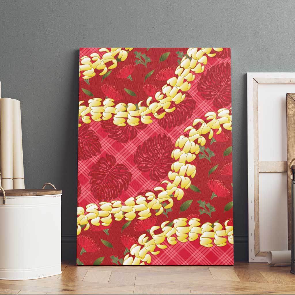 Red Palaka Hawaii Mele Kalikimaka Canvas Wall Art Ohia Lehua Monstera Puakenikeni Lei - Polynesian Pride