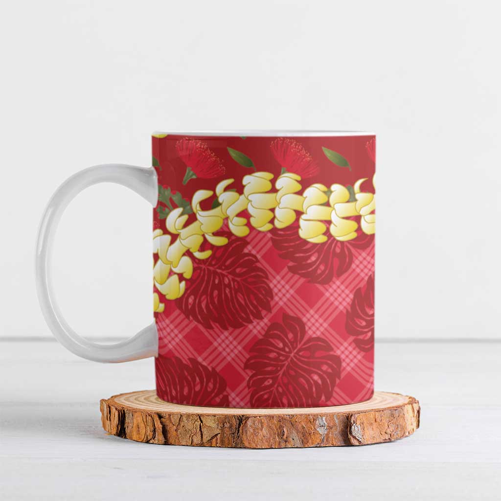 Red Palaka Hawaii Mele Kalikimaka Ceramic Mug Ohia Lehua Monstera Puakenikeni Lei - Polynesian Pride
