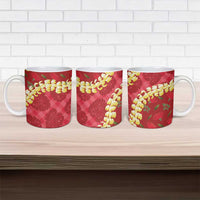 Red Palaka Hawaii Mele Kalikimaka Ceramic Mug Ohia Lehua Monstera Puakenikeni Lei - Polynesian Pride