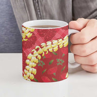 Red Palaka Hawaii Mele Kalikimaka Ceramic Mug Ohia Lehua Monstera Puakenikeni Lei - Polynesian Pride
