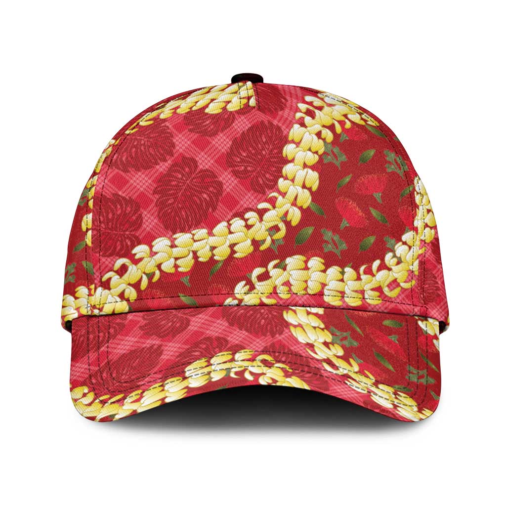 Red Palaka Hawaii Mele Kalikimaka Classic Cap Ohia Lehua Monstera Puakenikeni Lei - Polynesian Pride