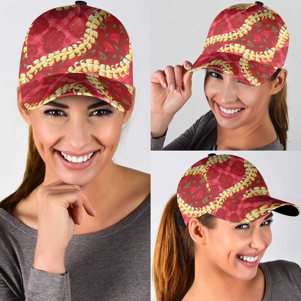 Red Palaka Hawaii Mele Kalikimaka Classic Cap Ohia Lehua Monstera Puakenikeni Lei - Polynesian Pride