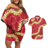 Red Palaka Hawaii Mele Kalikimaka Couples Matching Off Shoulder Short Dress and Hawaiian Shirt Ohia Lehua Monstera Puakenikeni Lei - Polynesian Pride