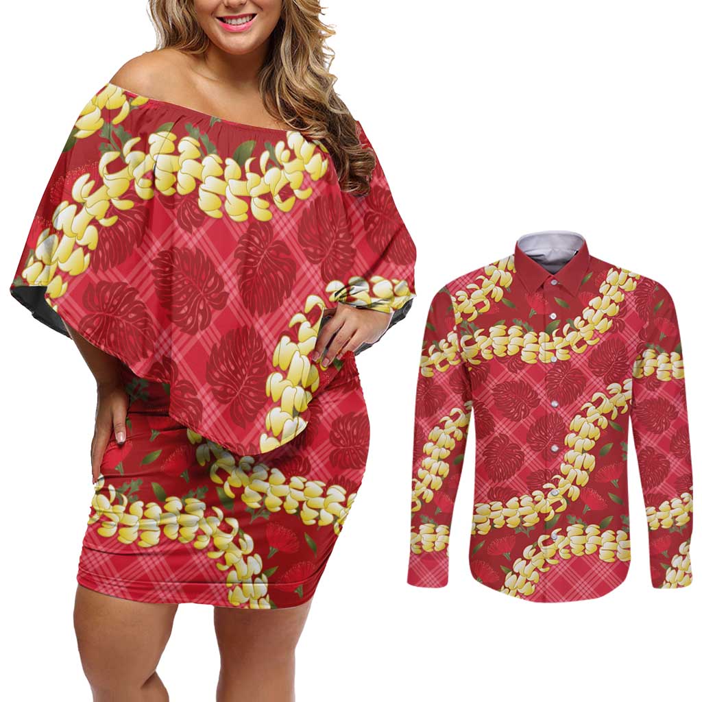 Red Palaka Hawaii Mele Kalikimaka Couples Matching Off Shoulder Short Dress and Long Sleeve Button Shirt Ohia Lehua Monstera Puakenikeni Lei - Polynesian Pride