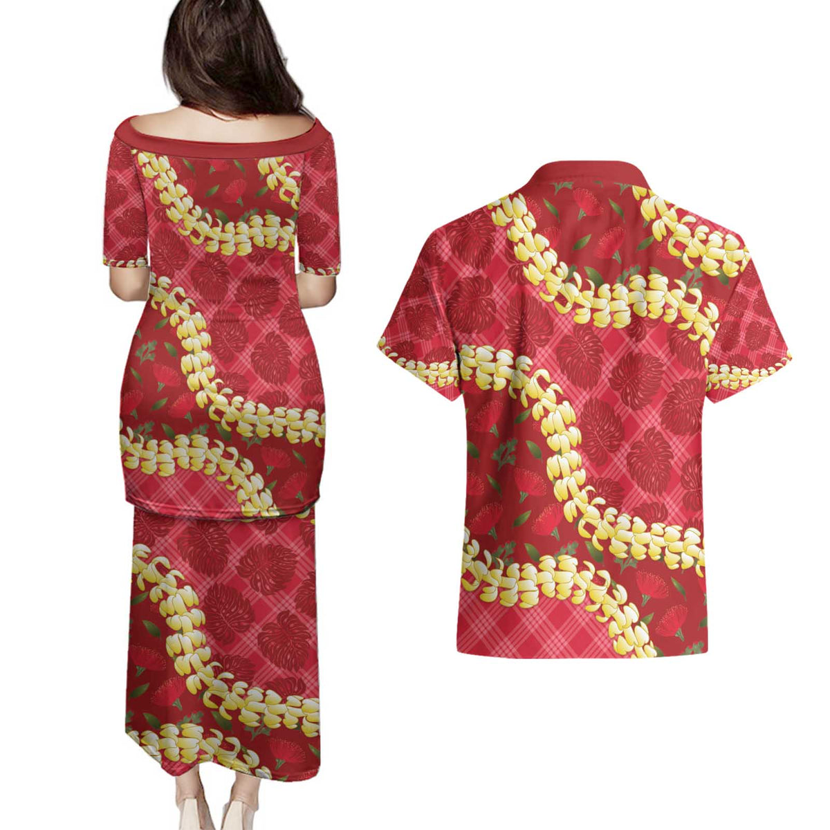 Red Palaka Hawaii Mele Kalikimaka Couples Matching Puletasi and Hawaiian Shirt Ohia Lehua Monstera Puakenikeni Lei - Polynesian Pride