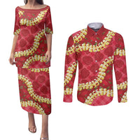 Red Palaka Hawaii Mele Kalikimaka Couples Matching Puletasi and Long Sleeve Button Shirt Ohia Lehua Monstera Puakenikeni Lei - Polynesian Pride