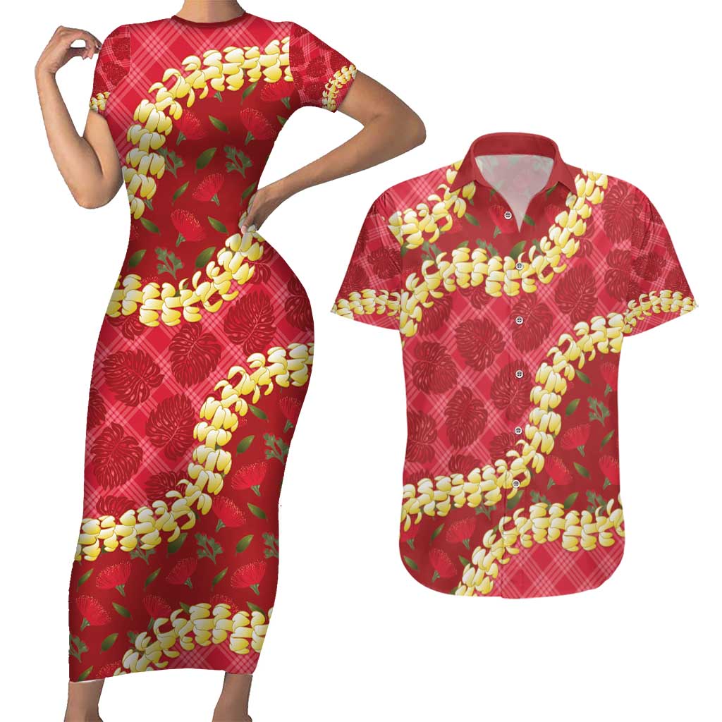 Red Palaka Hawaii Mele Kalikimaka Couples Matching Short Sleeve Bodycon Dress and Hawaiian Shirt Ohia Lehua Monstera Puakenikeni Lei - Polynesian Pride