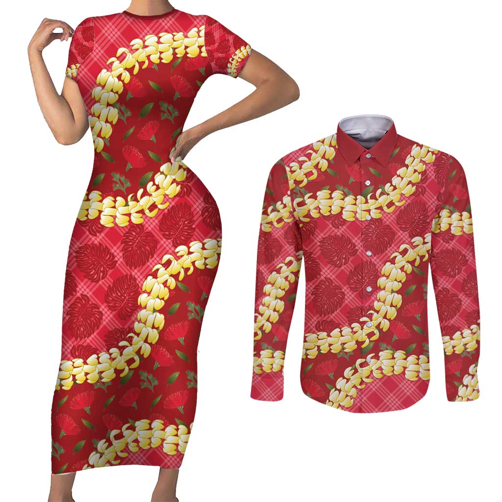 Red Palaka Hawaii Mele Kalikimaka Couples Matching Short Sleeve Bodycon Dress and Long Sleeve Button Shirt Ohia Lehua Monstera Puakenikeni Lei - Polynesian Pride