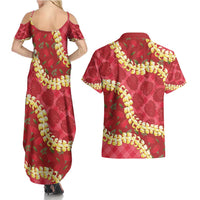 Red Palaka Hawaii Mele Kalikimaka Couples Matching Summer Maxi Dress and Hawaiian Shirt Ohia Lehua Monstera Puakenikeni Lei - Polynesian Pride