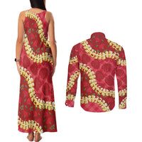 Red Palaka Hawaii Mele Kalikimaka Couples Matching Tank Maxi Dress and Long Sleeve Button Shirt Ohia Lehua Monstera Puakenikeni Lei - Polynesian Pride
