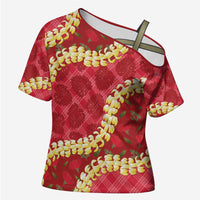 Red Palaka Hawaii Mele Kalikimaka Cross Shoulder Shirt Ohia Lehua Monstera Puakenikeni Lei - Polynesian Pride