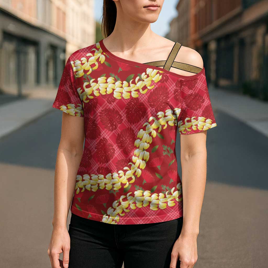 Red Palaka Hawaii Mele Kalikimaka Cross Shoulder Shirt Ohia Lehua Monstera Puakenikeni Lei - Polynesian Pride