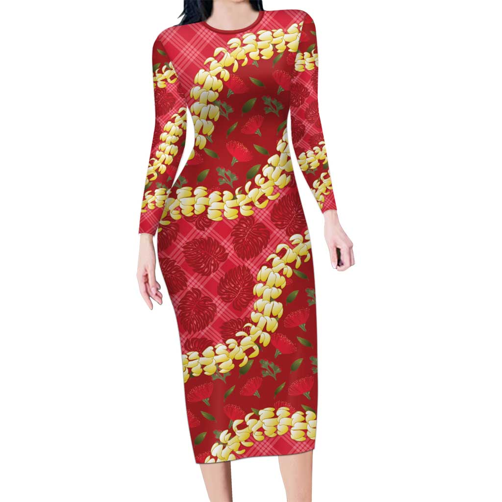 Red Palaka Hawaii Mele Kalikimaka Family Matching Long Sleeve Bodycon Dress and Hawaiian Shirt Ohia Lehua Monstera Puakenikeni Lei - Polynesian Pride