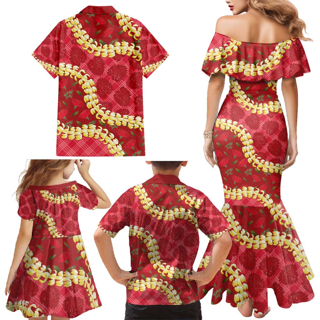 Red Palaka Hawaii Mele Kalikimaka Family Matching Mermaid Dress and Hawaiian Shirt Ohia Lehua Monstera Puakenikeni Lei - Polynesian Pride