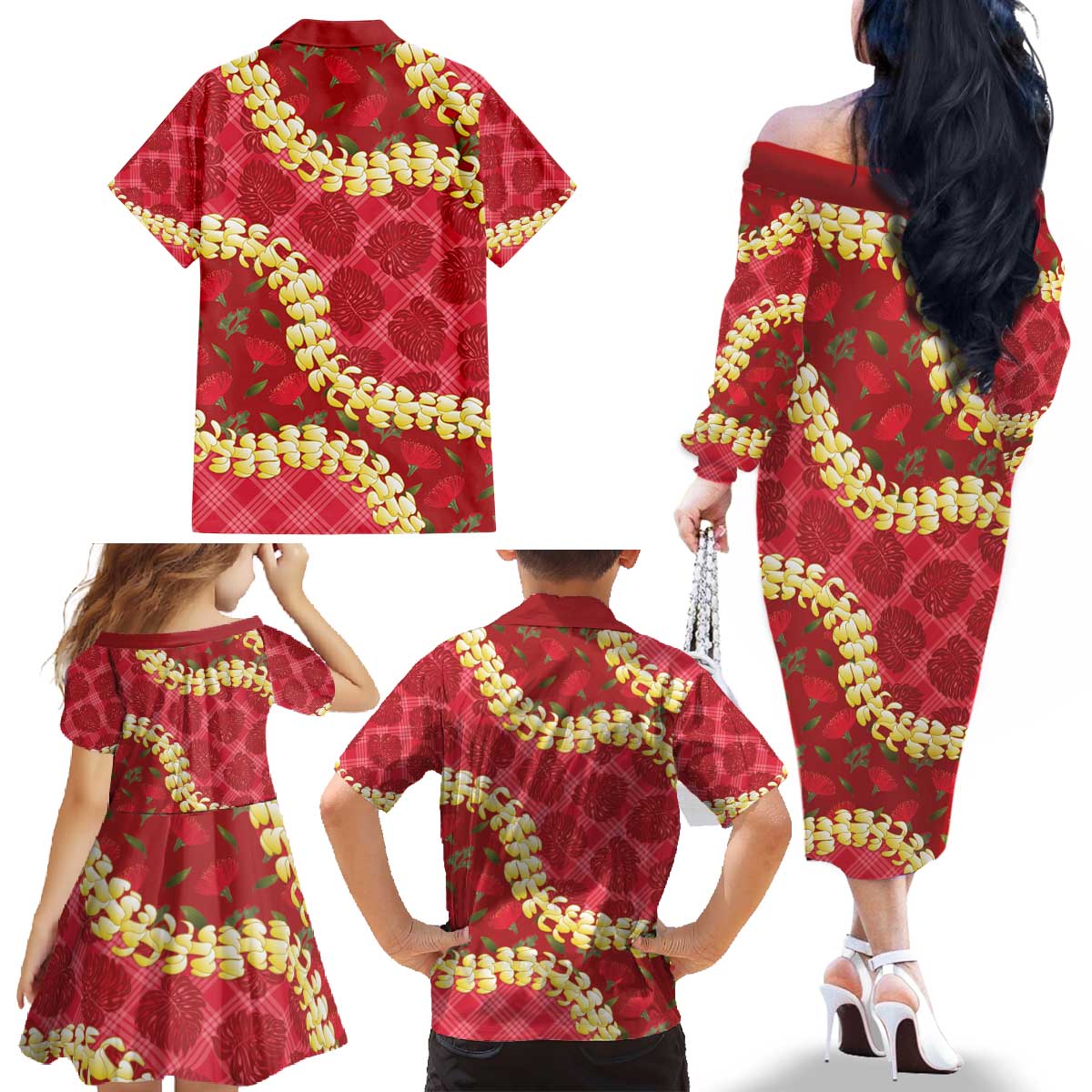 Red Palaka Hawaii Mele Kalikimaka Family Matching Off The Shoulder Long Sleeve Dress and Hawaiian Shirt Ohia Lehua Monstera Puakenikeni Lei - Polynesian Pride