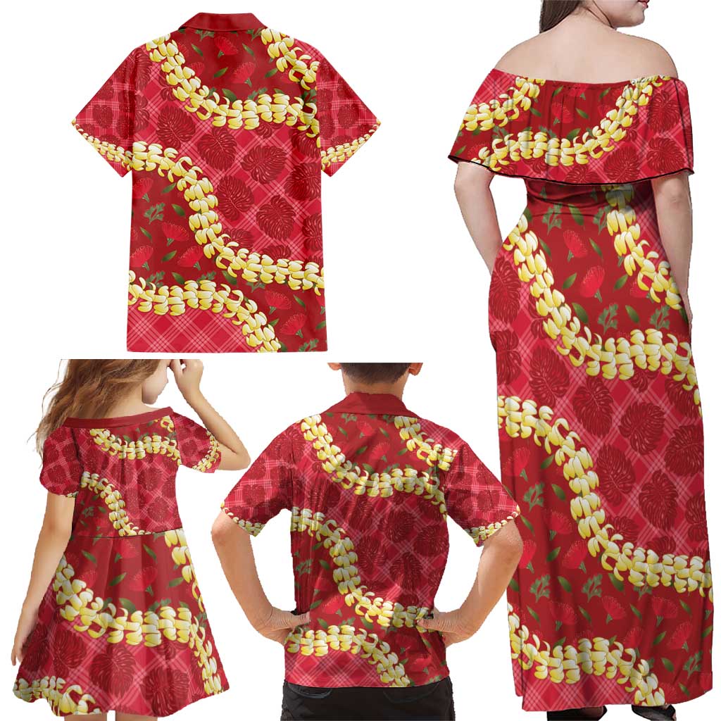 Red Palaka Hawaii Mele Kalikimaka Family Matching Off Shoulder Maxi Dress and Hawaiian Shirt Ohia Lehua Monstera Puakenikeni Lei - Polynesian Pride