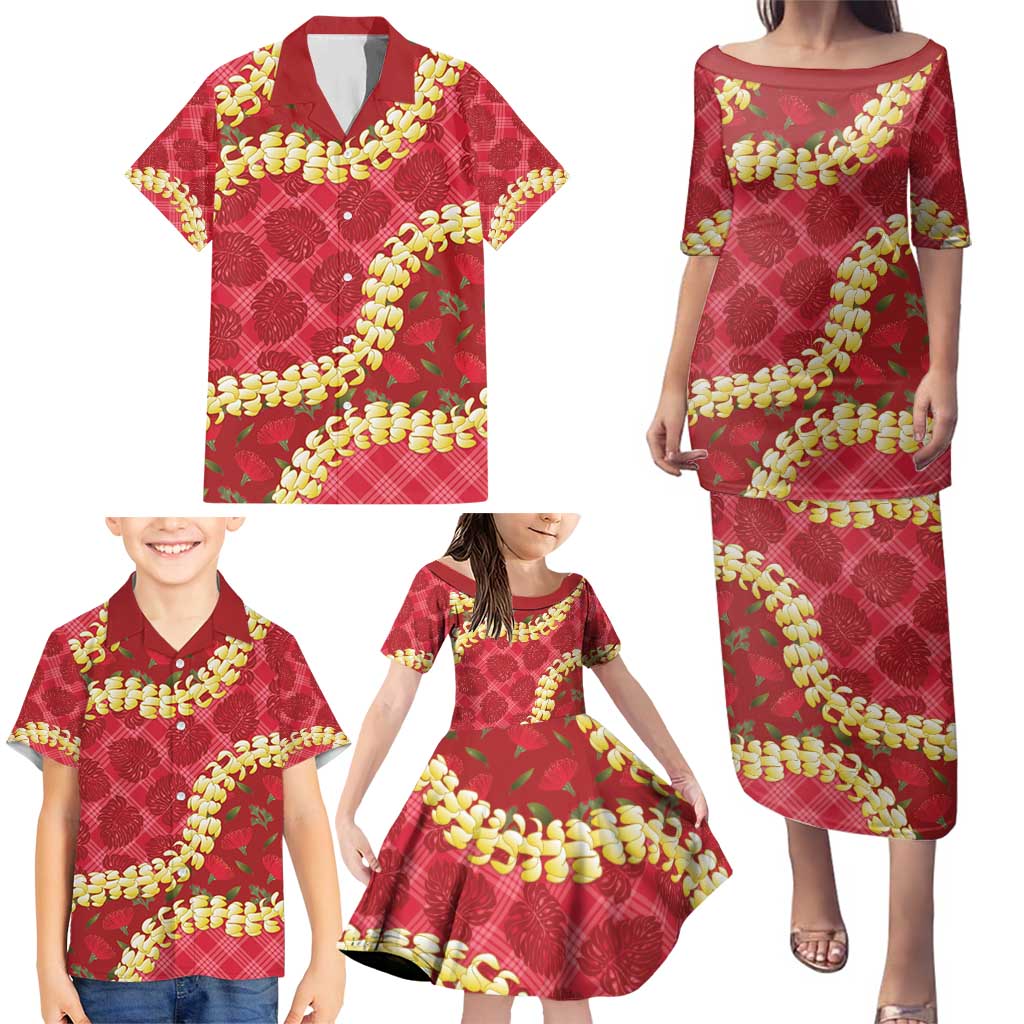 Red Palaka Hawaii Mele Kalikimaka Family Matching Puletasi and Hawaiian Shirt Ohia Lehua Monstera Puakenikeni Lei - Polynesian Pride