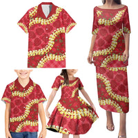 Red Palaka Hawaii Mele Kalikimaka Family Matching Puletasi and Hawaiian Shirt Ohia Lehua Monstera Puakenikeni Lei - Polynesian Pride
