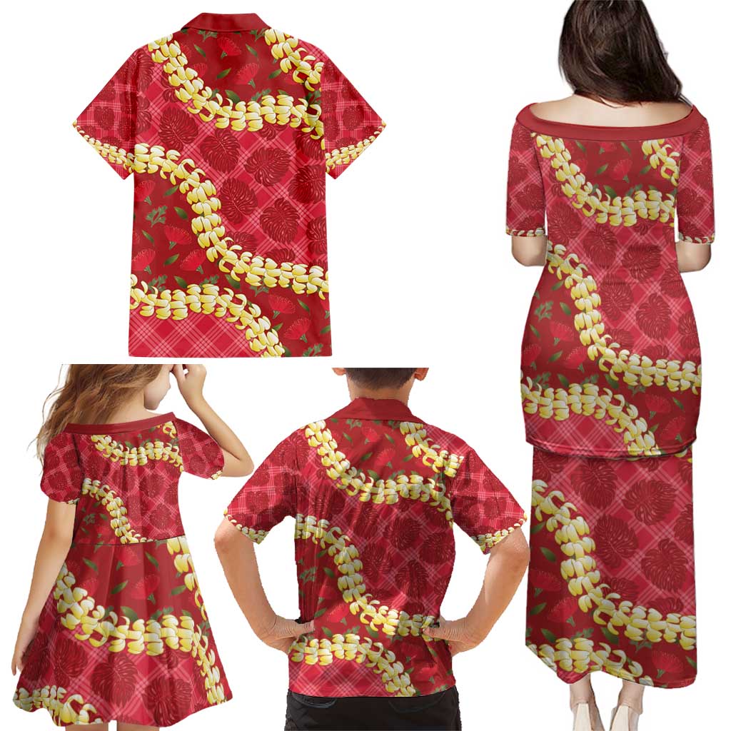 Red Palaka Hawaii Mele Kalikimaka Family Matching Puletasi and Hawaiian Shirt Ohia Lehua Monstera Puakenikeni Lei - Polynesian Pride