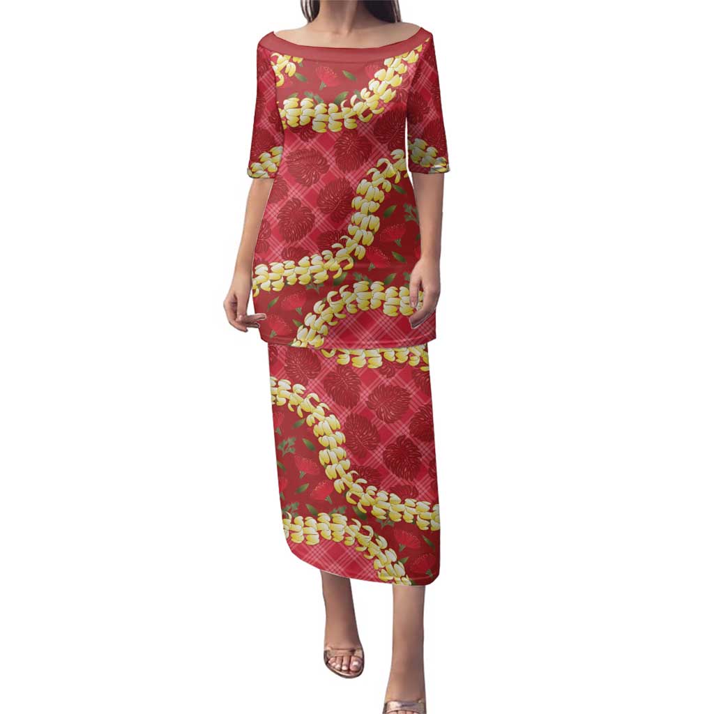Red Palaka Hawaii Mele Kalikimaka Family Matching Puletasi and Hawaiian Shirt Ohia Lehua Monstera Puakenikeni Lei - Polynesian Pride