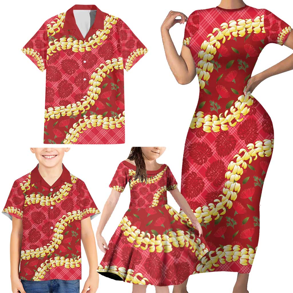 Red Palaka Hawaii Mele Kalikimaka Family Matching Short Sleeve Bodycon Dress and Hawaiian Shirt Ohia Lehua Monstera Puakenikeni Lei - Polynesian Pride