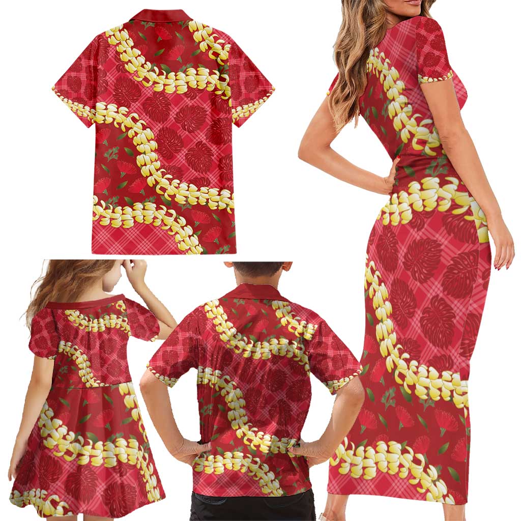 Red Palaka Hawaii Mele Kalikimaka Family Matching Short Sleeve Bodycon Dress and Hawaiian Shirt Ohia Lehua Monstera Puakenikeni Lei - Polynesian Pride