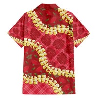 Red Palaka Hawaii Mele Kalikimaka Family Matching Short Sleeve Bodycon Dress and Hawaiian Shirt Ohia Lehua Monstera Puakenikeni Lei - Polynesian Pride