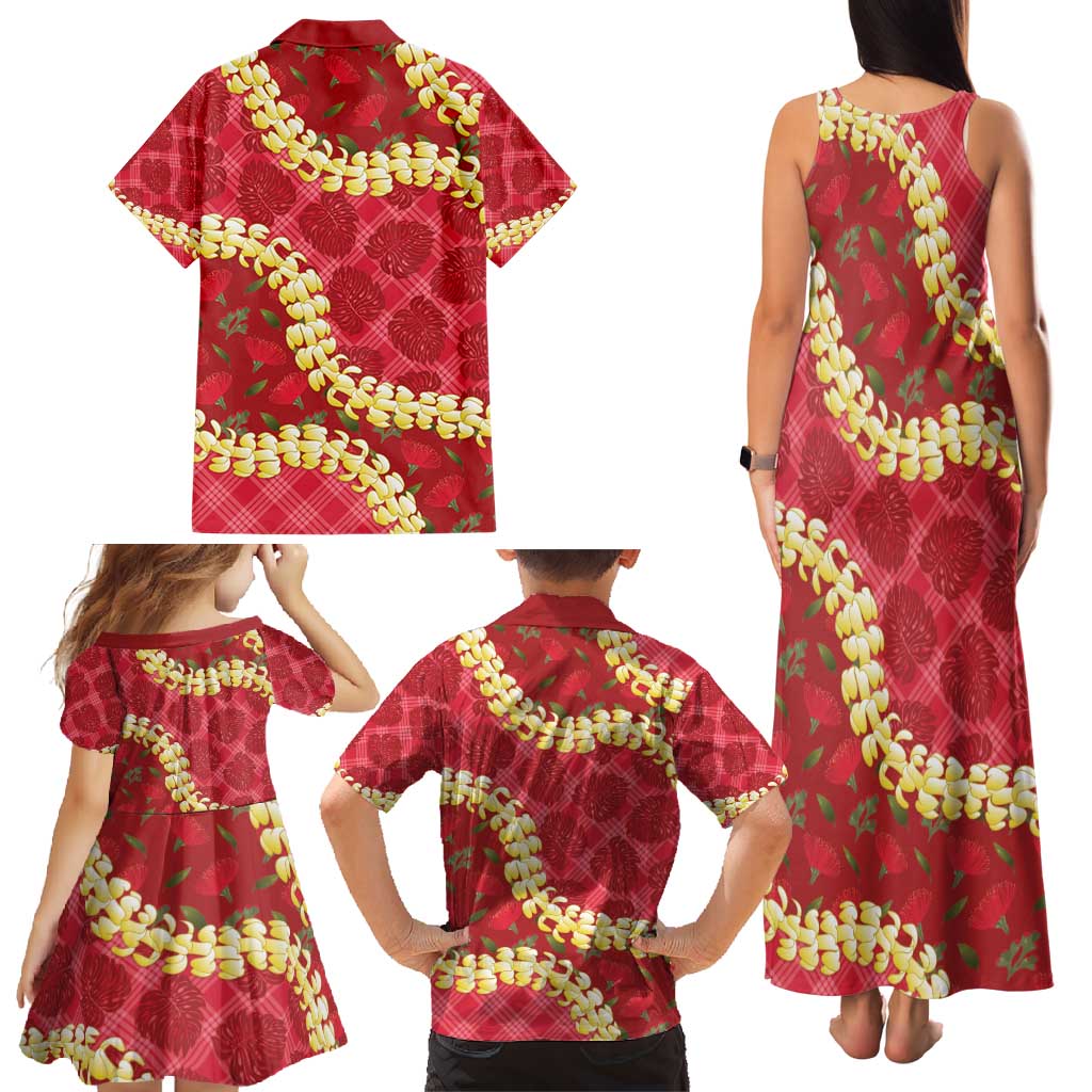 Red Palaka Hawaii Mele Kalikimaka Family Matching Tank Maxi Dress and Hawaiian Shirt Ohia Lehua Monstera Puakenikeni Lei - Polynesian Pride