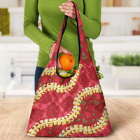 Red Palaka Hawaii Mele Kalikimaka Grocery Bag Ohia Lehua Monstera Puakenikeni Lei - Polynesian Pride