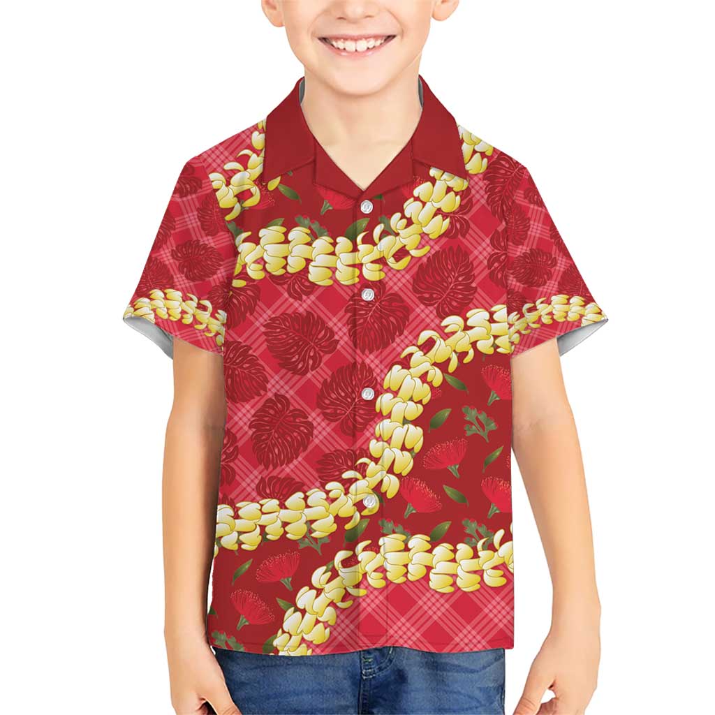 Red Palaka Hawaii Mele Kalikimaka Kid Hawaiian Shirt Ohia Lehua Monstera Puakenikeni Lei - Polynesian Pride