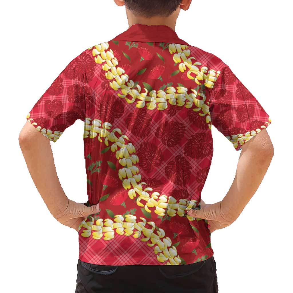 Red Palaka Hawaii Mele Kalikimaka Kid Hawaiian Shirt Ohia Lehua Monstera Puakenikeni Lei - Polynesian Pride