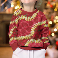 Red Palaka Hawaii Mele Kalikimaka Kid Ugly Christmas Sweater Ohia Lehua Monstera Puakenikeni Lei - Polynesian Pride