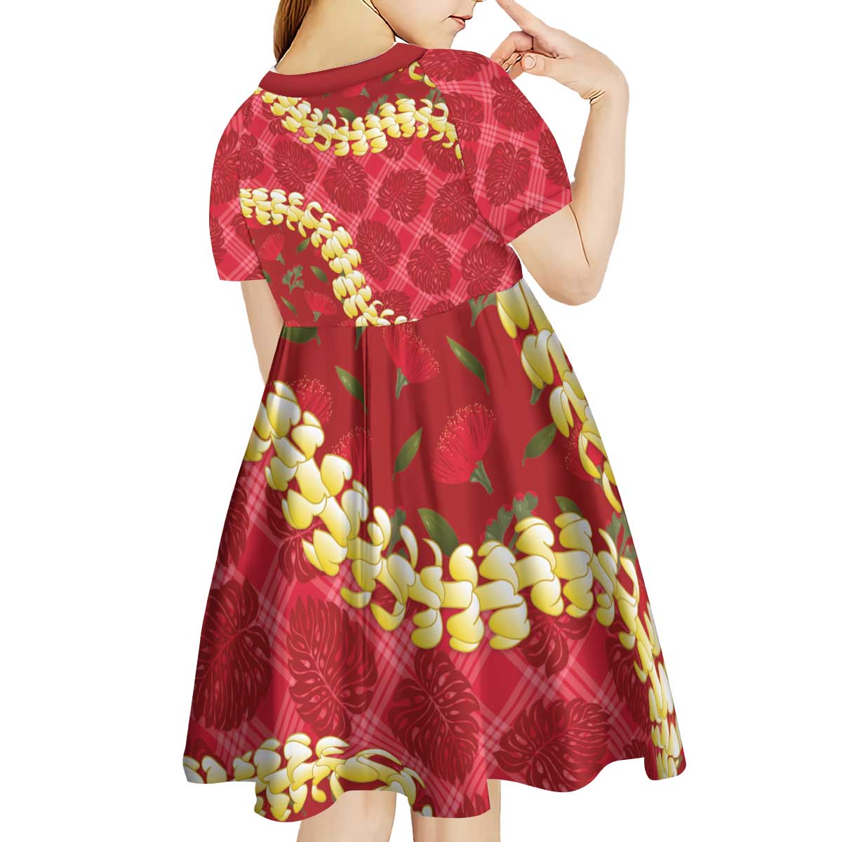 Red Palaka Hawaii Mele Kalikimaka Kid Short Sleeve Dress Ohia Lehua Monstera Puakenikeni Lei - Polynesian Pride