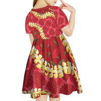 Red Palaka Hawaii Mele Kalikimaka Kid Short Sleeve Dress Ohia Lehua Monstera Puakenikeni Lei - Polynesian Pride