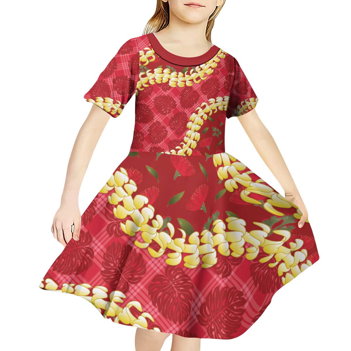 Red Palaka Hawaii Mele Kalikimaka Kid Short Sleeve Dress Ohia Lehua Monstera Puakenikeni Lei - Polynesian Pride