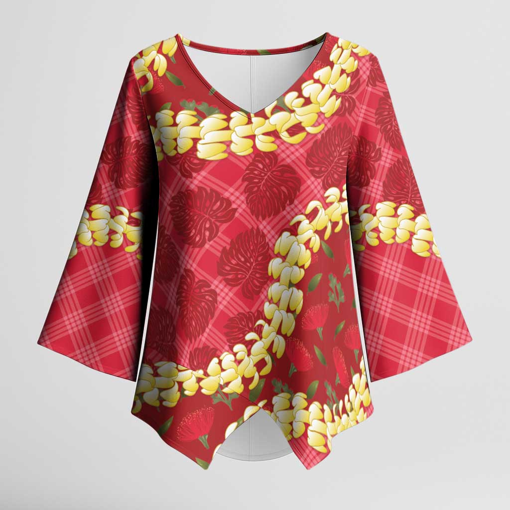 Red Palaka Hawaii Mele Kalikimaka Kimono Sleeve Blouse Ohia Lehua Monstera Puakenikeni Lei - Polynesian Pride