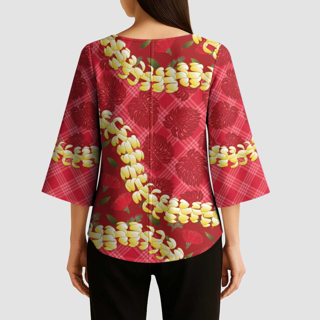 Red Palaka Hawaii Mele Kalikimaka Kimono Sleeve Blouse Ohia Lehua Monstera Puakenikeni Lei - Polynesian Pride