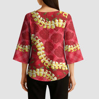 Red Palaka Hawaii Mele Kalikimaka Kimono Sleeve Blouse Ohia Lehua Monstera Puakenikeni Lei - Polynesian Pride