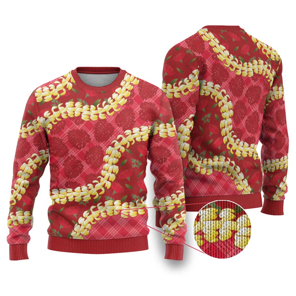 Red Palaka Hawaii Mele Kalikimaka Ugly Christmas Sweater Ohia Lehua Monstera Puakenikeni Lei - Polynesian Pride