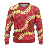 Red Palaka Hawaii Mele Kalikimaka Ugly Christmas Sweater Ohia Lehua Monstera Puakenikeni Lei - Polynesian Pride