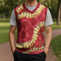 Red Palaka Hawaii Mele Kalikimaka Christmas Knitted V-Neck Vest Ohia Lehua Monstera Puakenikeni Lei - Polynesian Pride
