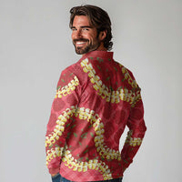 Red Palaka Hawaii Mele Kalikimaka Long Sleeve Polo Shirt Ohia Lehua Monstera Puakenikeni Lei - Polynesian Pride