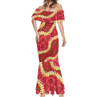Red Palaka Hawaii Mele Kalikimaka Mermaid Dress Ohia Lehua Monstera Puakenikeni Lei - Polynesian Pride